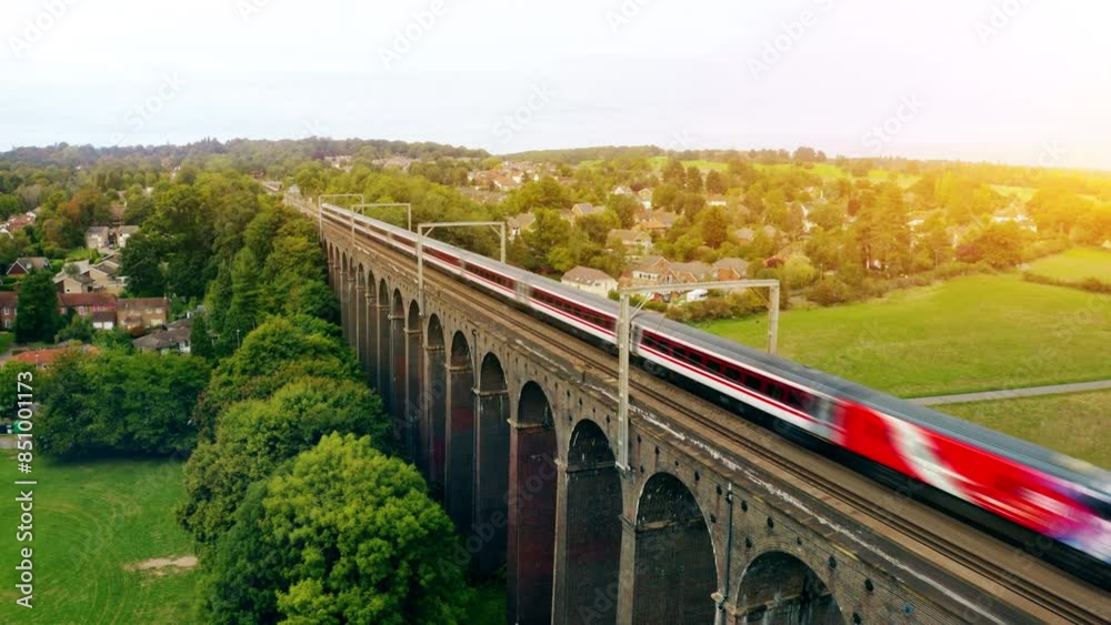 Aerial of a train riving over The Ouse Valley Viaduct across the river Ouse in Sussex England. 