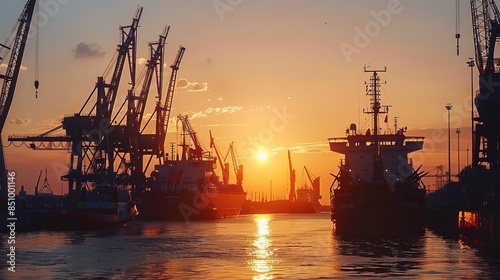 Wallpaper Mural A Hamburg port at sunset, cranes silhouetted against the sky, ships docked Torontodigital.ca