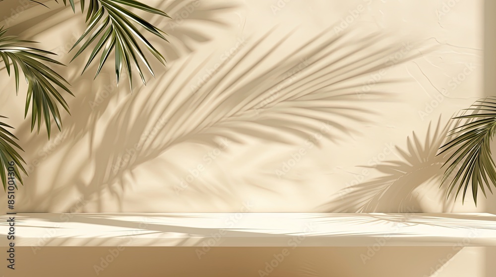 a modern mockup in an empty space on a white table with tropical leaves and shadows on a beige background. a modern mockup in an empty space on a white table with tropical leaves and shadows on a beige background.