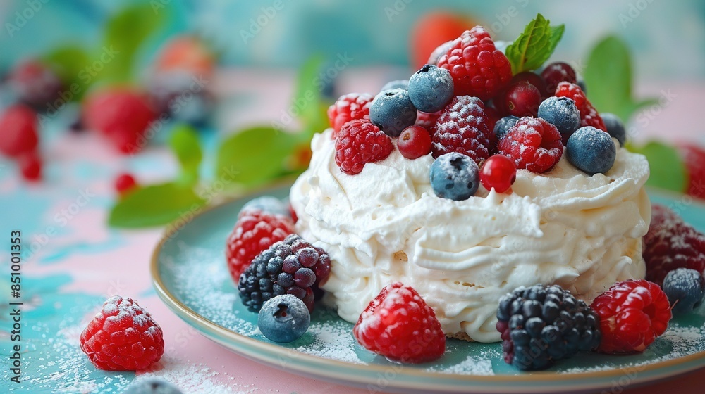 Blueberry-raspberry cake on a blue and white plate Blueberry-raspberry cake on a blue and white plate