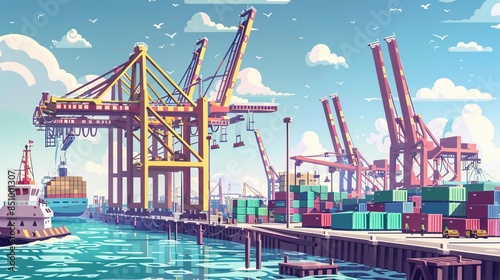 Wallpaper Mural A bustling container port with cranes unloading cargo ships, busy dockworkers  Torontodigital.ca