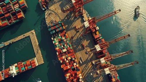 Wallpaper Mural Aerial view of a large port, ships docked, cranes in action, containers stacked high  Torontodigital.ca