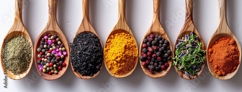 Different types of delicious spice powders in wooden spoons in a manner 