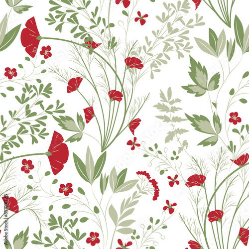 Cute little red flowers. Gorgeous elegant seamless retro style pattern of cute bouquets and bright flowers on a white background. Hand drawn drawing. Vector stock illustration.