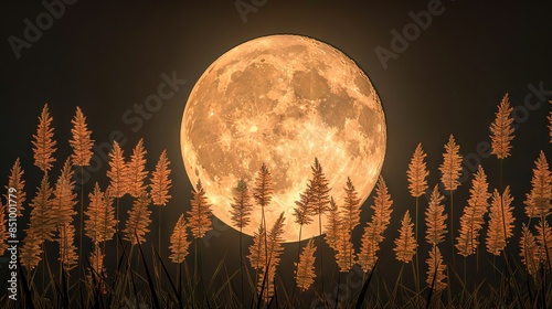   A full moon illuminates the sky over a field of tall grass, with blowing grass in the foreground photo