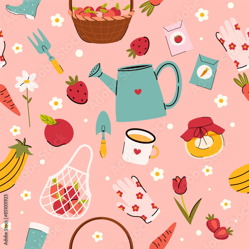 Seamless vector pattern with garden elements illustrations. Spring and summer background. Gardening and farming texture. Wallpaper, wrapping paper, textile design