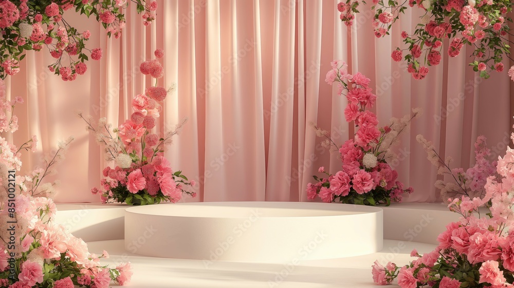 An empty round podium, on a background of pink curtains and flowers, wedding style. a delicate color.
An empty showcase for displaying goods. 3D visualization. An empty round podium, on a background of pink curtains and flowers, wedding style. a delicate color.
An empty showcase for displaying goods. 3D visualization.