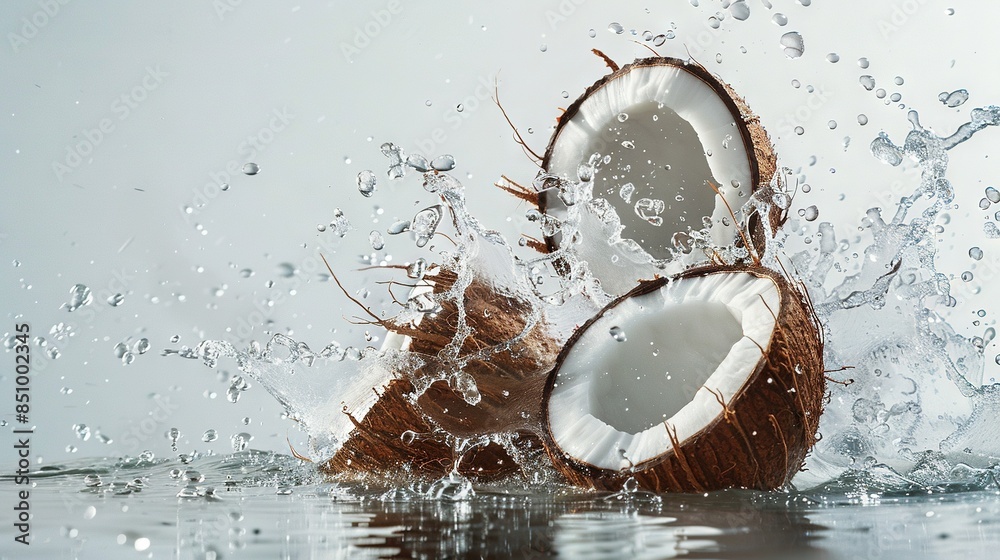 Two coconuts submerged in water, with a single droplet on one of them Two coconuts submerged in water, with a single droplet on one of them