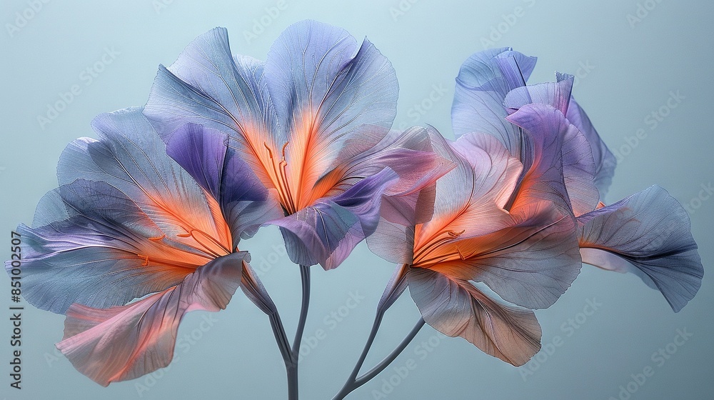 A close-up of a flower with a blue sky in the background and a pink and purple flower in the foreground A close-up of a flower with a blue sky in the background and a pink and purple flower in the foreground