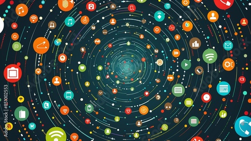 A dynamic digital marketing vector background with a swirling vortex of colorful icons representing different marketing channels and strategies, swirling around a central focal point.