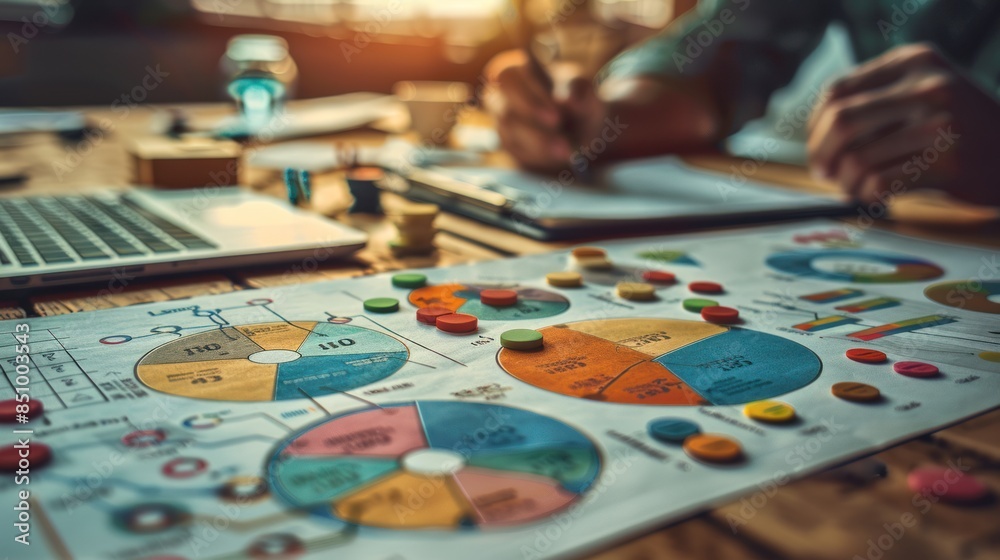 Fototapeta premium Colorful Pie Charts and Markers on a Desk
