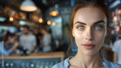 Portrait of a woman with captivating blue eyes posing in a café