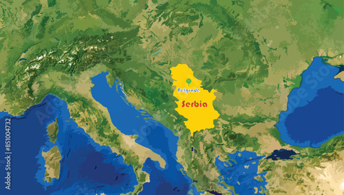 Republic of Serbia map on the world background. Belgrade is capital. Landlocked country in Southeast Eroupe. Serbian dinar is currency. Famous for its medieval architecture, frescoes. Less population