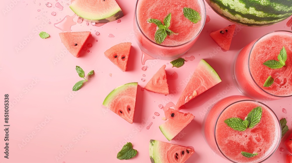 Close-up of fresh watermelon juice or smoothie in glasses with watermelon pieces on a pink background. A refreshing summer drink. Close-up of fresh watermelon juice or smoothie in glasses with watermelon pieces on a pink background. A refreshing summer drink.
