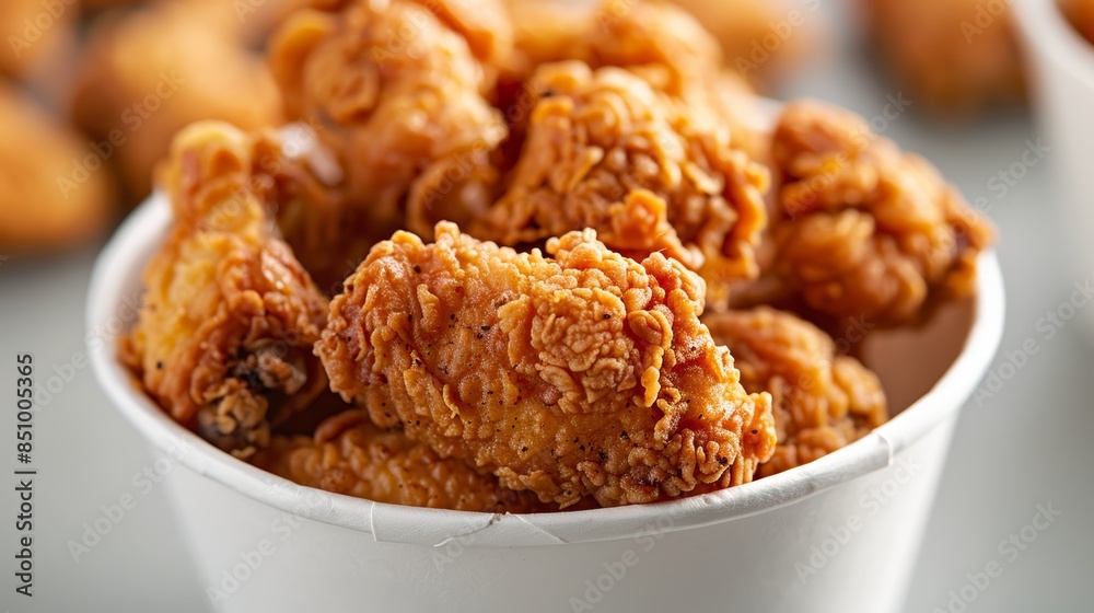 Golden fried chicken wings in a paper bucket, white background, crisp and delicious, paper bucket overflowing with perfectly fried chicken, close-up detail Golden fried chicken wings in a paper bucket, white background, crisp and delicious, paper bucket overflowing with perfectly fried chicken, close-up detail