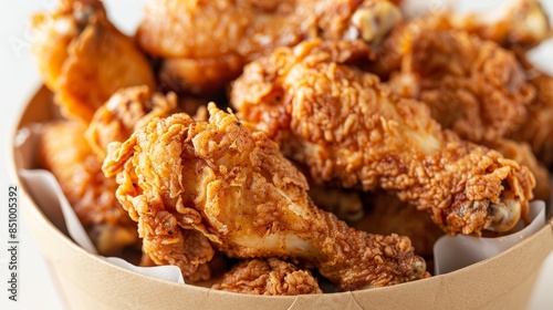 Golden fried chicken wings in a paper bucket, white background, crisp and delicious, paper bucket overflowing with perfectly fried chicken, close-up detail
