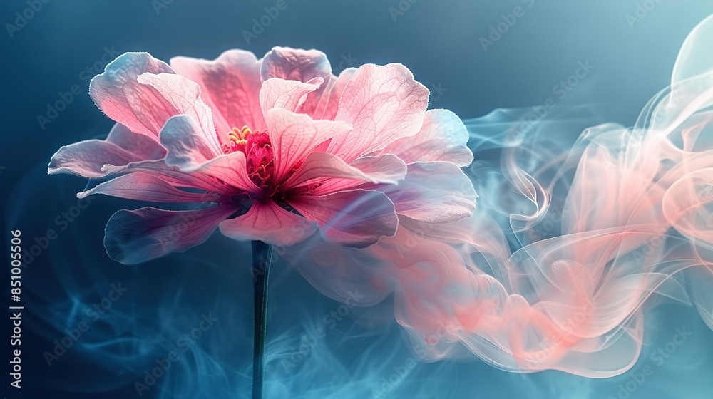 A close-up of a pink flower on a blue background with steam rising from its core A close-up of a pink flower on a blue background with steam rising from its core