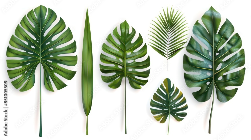A collection of various green tropical leaves with different shapes and sizes, isolated on a white background
