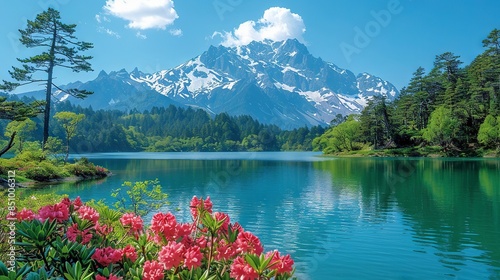  A lake surrounded by trees and flowers, with a snow-capped mountain in the background and red flowers in the foreground
