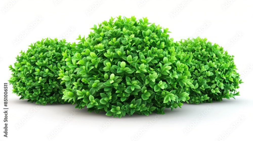 Three lush green bushes with dense foliage presented on a pure white backdrop, emphasizing their vibrant color and texture Three lush green bushes with dense foliage presented on a pure white backdrop, emphasizing their vibrant color and texture
