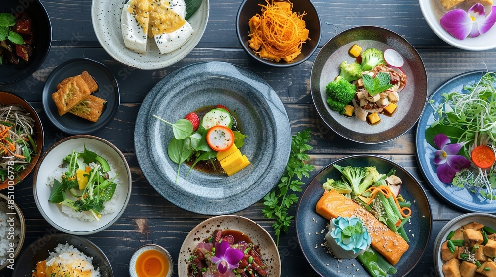  A wooden table holds various plates of diverse foods and vegetables