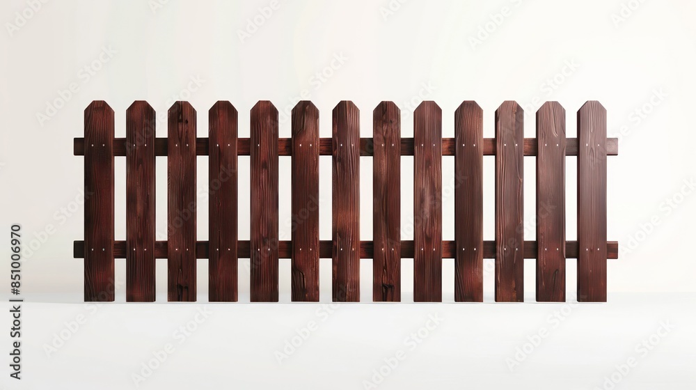 A classic brown wooden picket fence standing isolated on a seamless white studio backdrop, suitable for image compositing A classic brown wooden picket fence standing isolated on a seamless white studio backdrop, suitable for image compositing