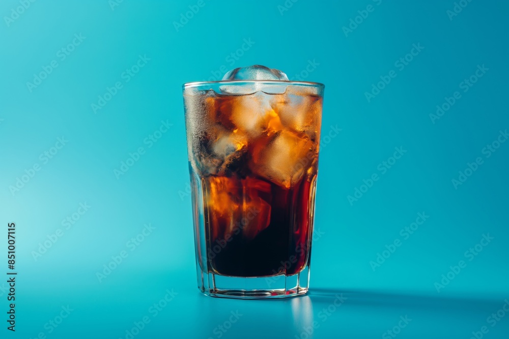 Glass of delicious iced coffee with ice cubes, photographed against a lively blue background, perfect for summer refreshment themes Glass of delicious iced coffee with ice cubes, photographed against a lively blue background, perfect for summer refreshment themes