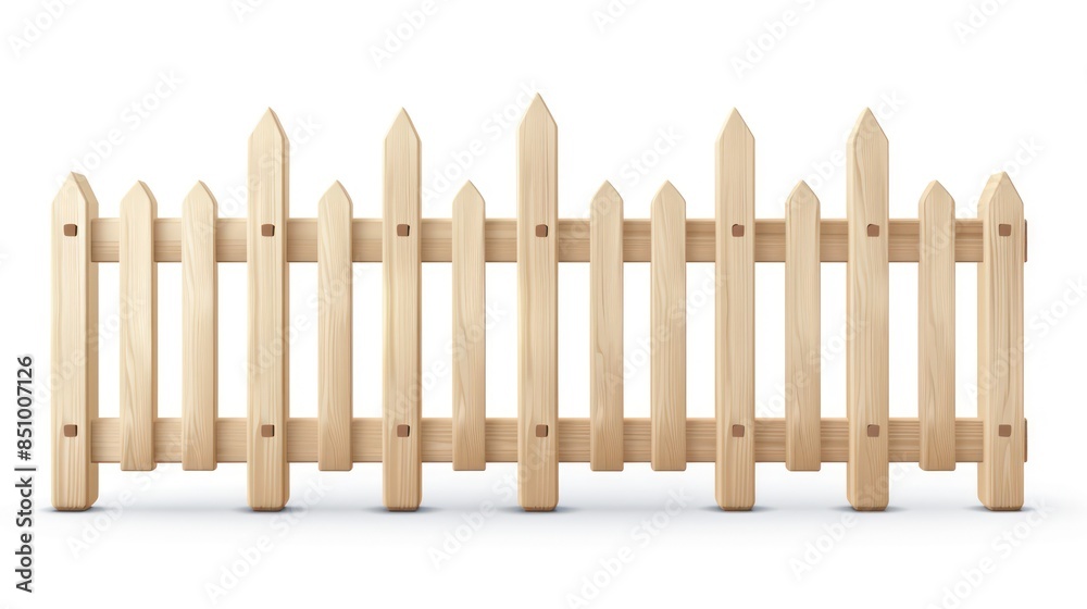 A smooth wooden fence segment with pointed tips isolated on a white background, conveying security and boundary A smooth wooden fence segment with pointed tips isolated on a white background, conveying security and boundary
