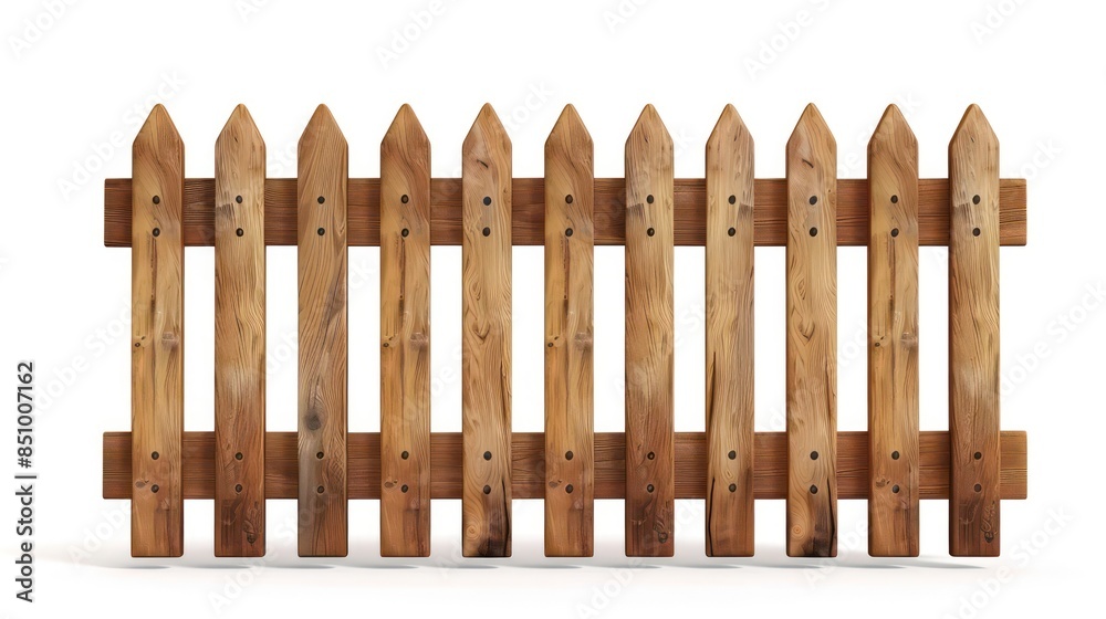 A section of a classic wooden picket fence stands isolated against a white background, demonstrating simplicity and boundary A section of a classic wooden picket fence stands isolated against a white background, demonstrating simplicity and boundary