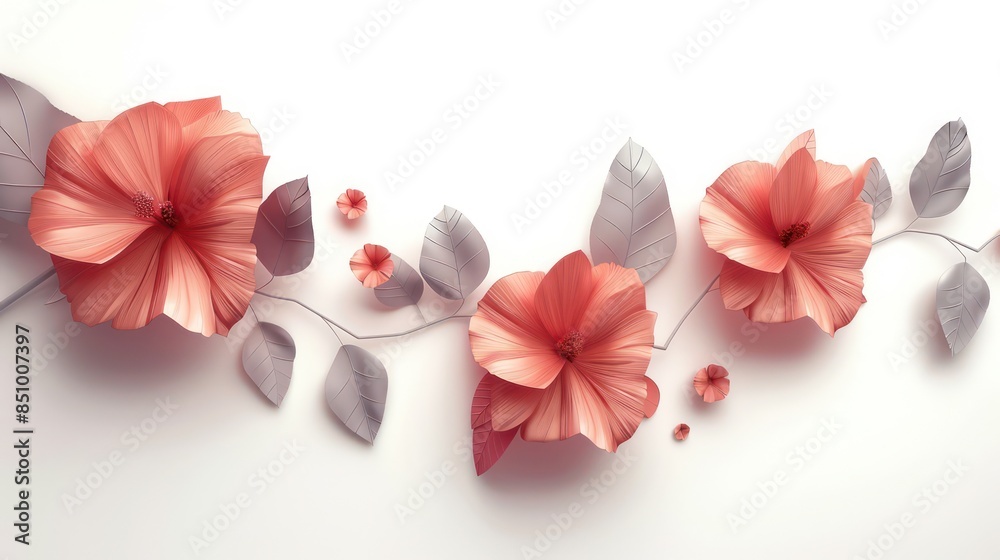 Obraz premium A creative image showcasing paper art flowers with delicate orange petals and grey leaves on a white background