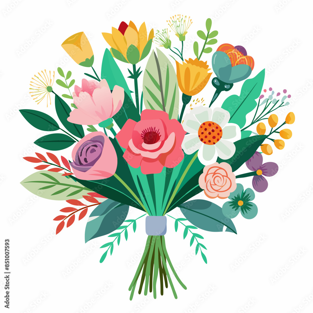 Bouquets with a variety of flowers in full bloom, arranged charmingly against a white background