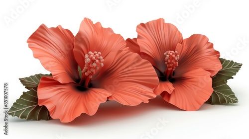 Detailed image featuring three realistic red hibiscus flowers with prominent pistils and green leaves on a white background