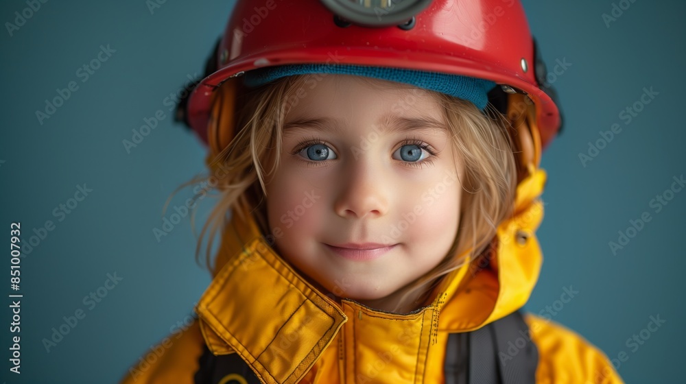 A young girl in a red firefighter helmet and a yellow jacket looks directly at the camera with a serious expression. A young girl in a red firefighter helmet and a yellow jacket looks directly at the camera with a serious expression.
