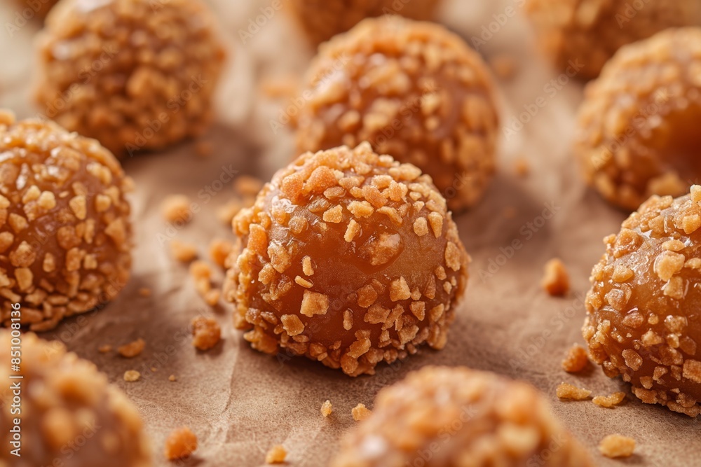Closeup image showcasing delicious crunchy toffee bites with a sugary texture on a complementary warm brown background Closeup image showcasing delicious crunchy toffee bites with a sugary texture on a complementary warm brown background
