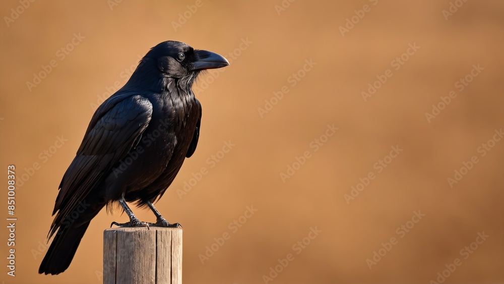 Obraz premium Black crow perched on wooden pole
