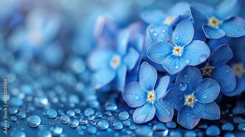 A group of blue blossoms resting on a wet tabletop, with raindrops cascading onto their petals A group of blue blossoms resting on a wet tabletop, with raindrops cascading onto their petals