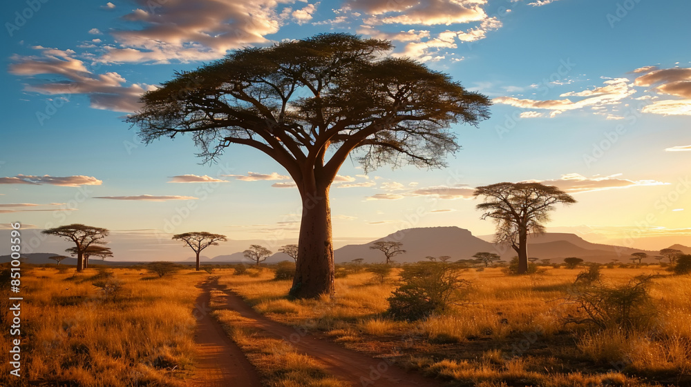 Savannah sunset acacia tree, AI Generative. Savannah sunset acacia tree, AI Generative.
