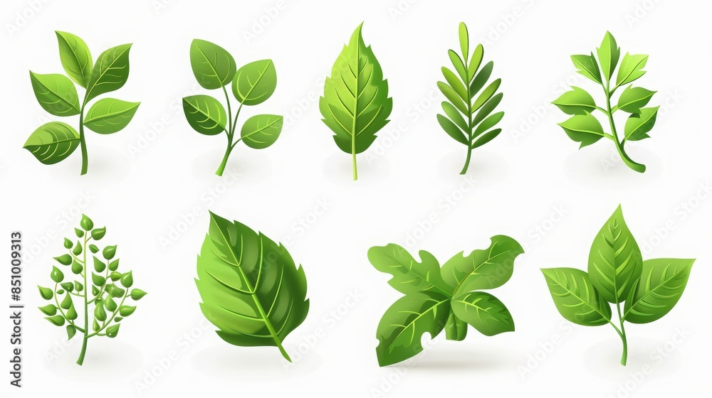 green leaf icons set, white background, 16:9 green leaf icons set, white background, 16:9