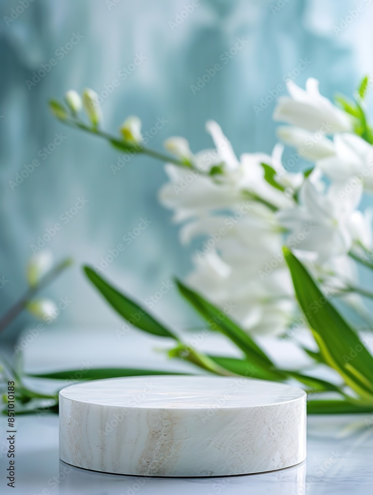 light flat marble stone - stand podium for cosmetics and product display on abstract pastel background with leaves and flowers light flat marble stone - stand podium for cosmetics and product display on abstract pastel background with leaves and flowers