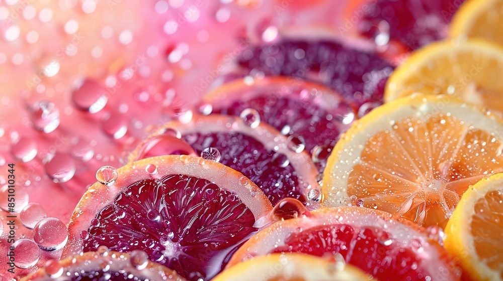 A macro shot of citrus fruits with water droplets A macro shot of citrus fruits with water droplets