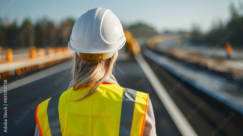 Obraz premium Woman civil engineer overseeing construction, white hard hat and vest, road crews working, motorway under development, clear blue sky, back view