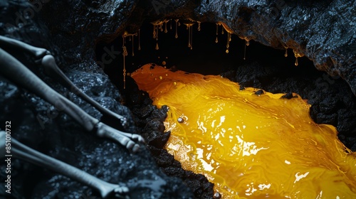 Thick, gooey yellow ochre jelly, semi-transparent slime, spreading across dungeon floor, engulfing bones and treasures, eerie dark surroundings, glowing slightly photo