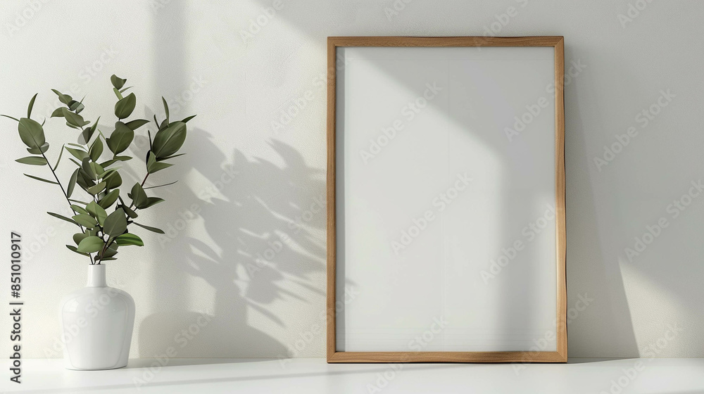 Empty wooden photo frame against a white wall beside a white vase with green plant