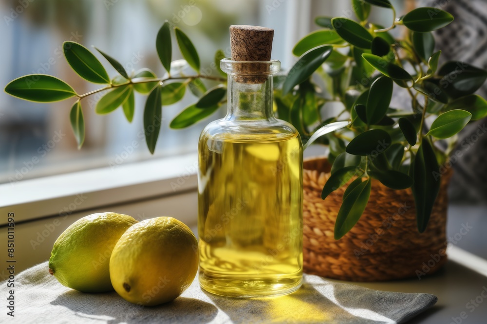 lemons, lemon tree and bottle of Oil on windowsill, a beautiful still life lemons, lemon tree and bottle of Oil on windowsill, a beautiful still life