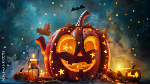 Creative Halloween Pumpkin Carving with Candles and Decorations photo