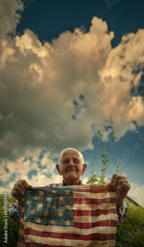 Patriotic Elderly Man Holding American Flag: An elderly man proudly holding a worn American flag, symbolizing patriotism, freedom, and the Fourth of July, with a dramatic cloudy sky in the background.