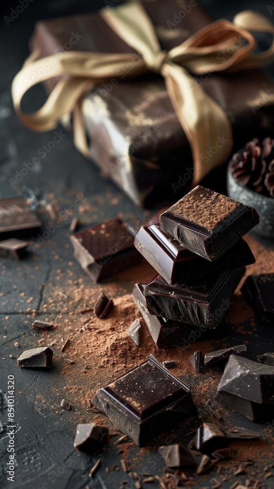 Dark chocolate pieces stacked on top of each other with cocoa powder Dark chocolate pieces stacked on top of each other with cocoa powder