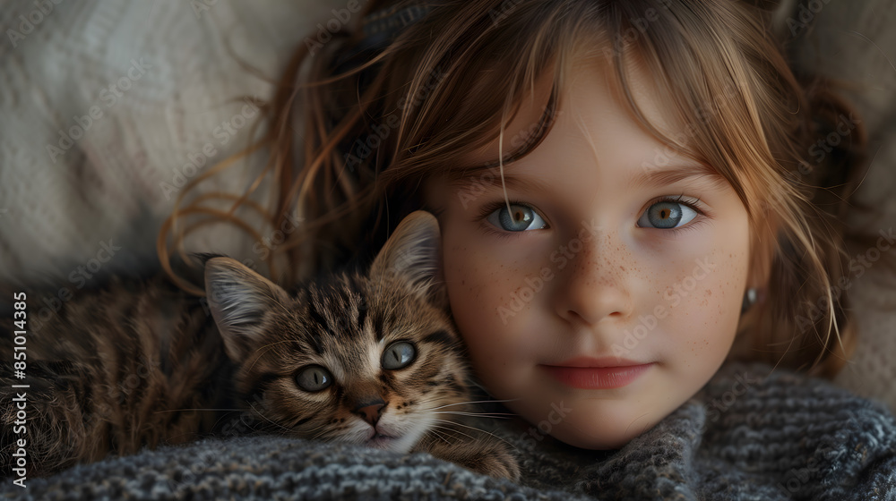 Retrato de una niña abrazando un gato Retrato de una niña abrazando un gato