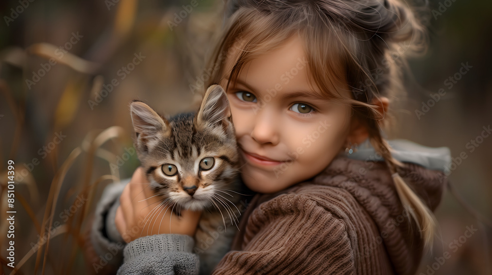 Retrato de una niña abrazando un gato