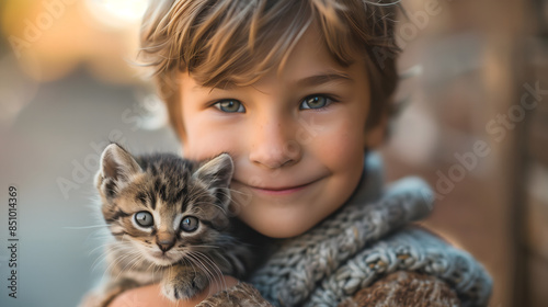 Retrato de un niño abrazando un gato photo